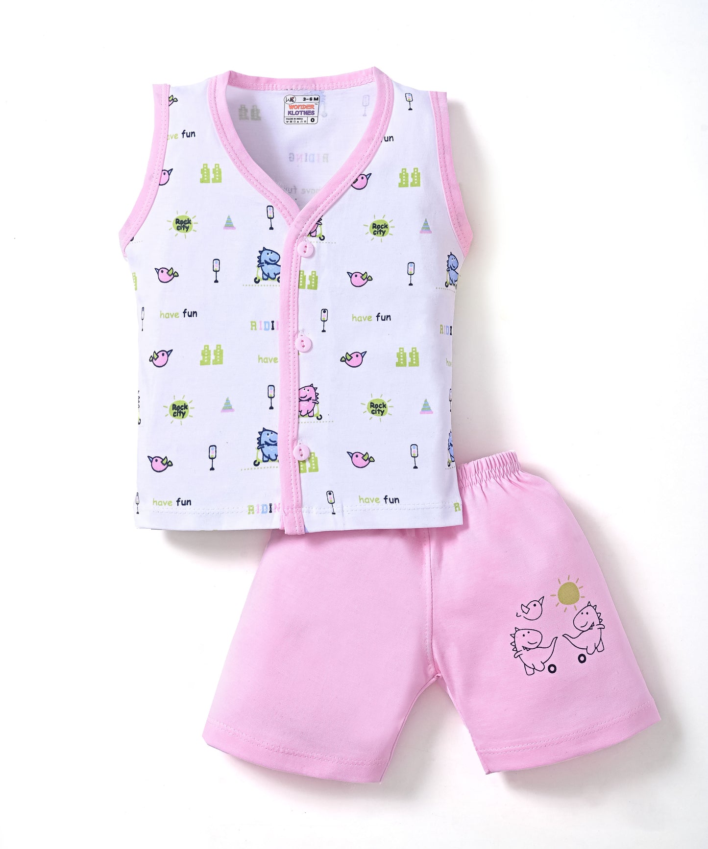 Dino Rides Half Sleeves & Sleeveless Front Open T-Shirt & Half Pant Set | Pink | Pack of 2