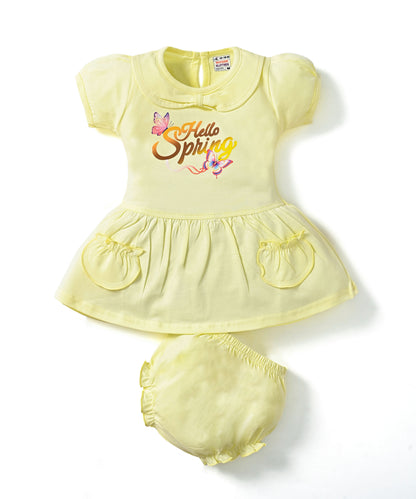 Hello Spring Half Sleeves Frock & Bloomer Pant Set | Yellow