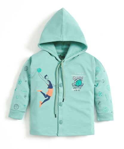 Basketball Full Sleeves Front Open Hooded Sweatshirt & Joggers Set | Green