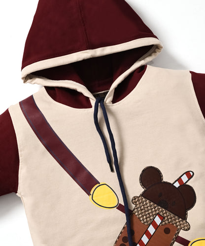 Boba Bear Full Sleeves Hooded Sweatshirt and Joggers Set | Maroon