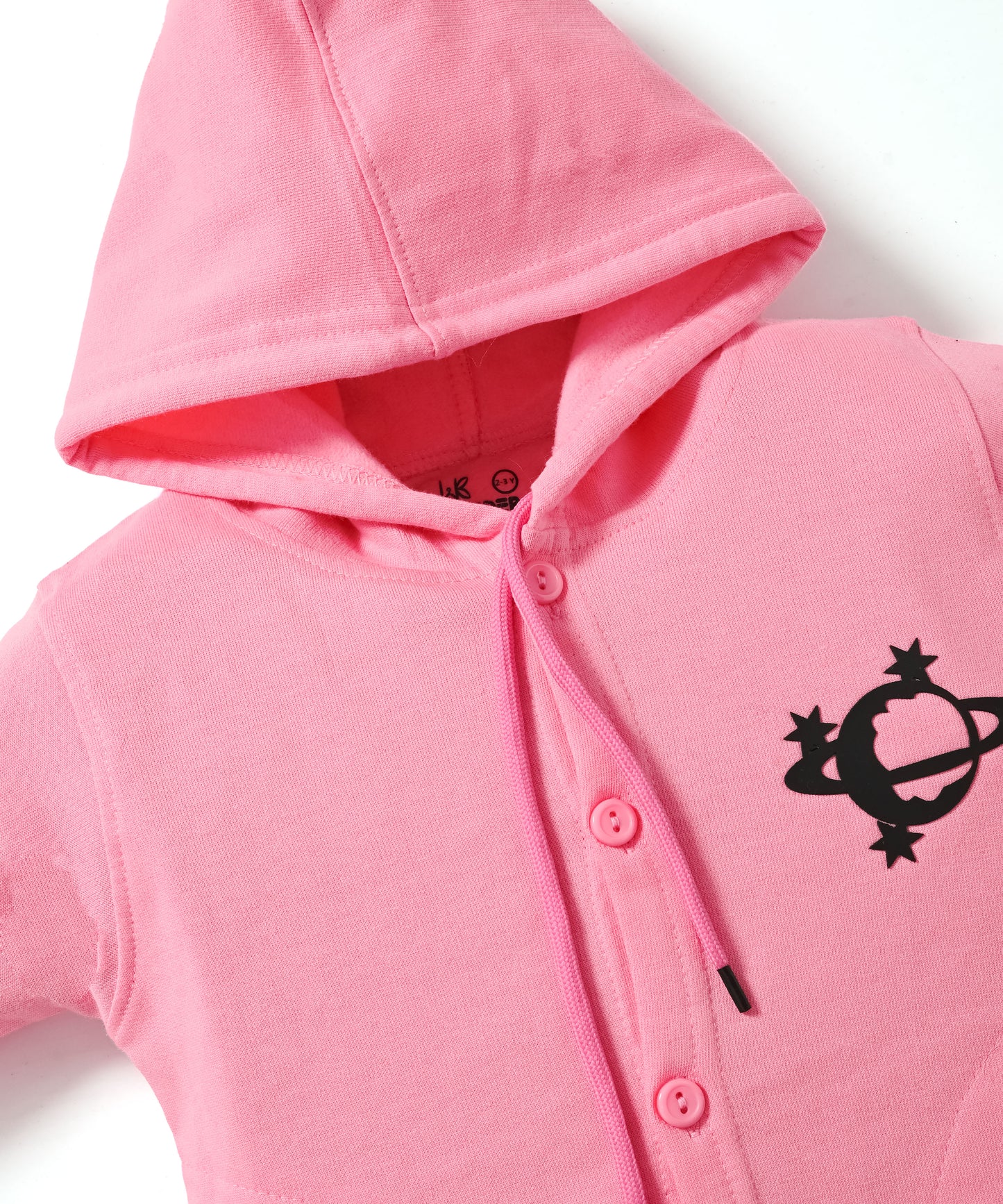 Little Astronaut Full Sleeves Fleece Front-Open Hooded Sweatshirt and Joggers Set | Pink