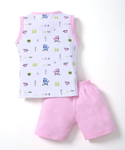 Dino Rides Half Sleeves & Sleeveless Front Open T-Shirt & Half Pant Set | Pink | Pack of 2