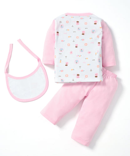 Sea Ship Full Sleeves Front Open T-Shirt & Pyjama Set with Bib | Pink
