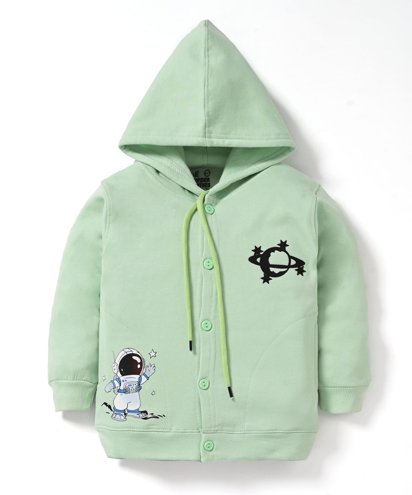 Little Astronaut Full Sleeves Fleece Front-Open Hooded Sweatshirt and Joggers Set | Green