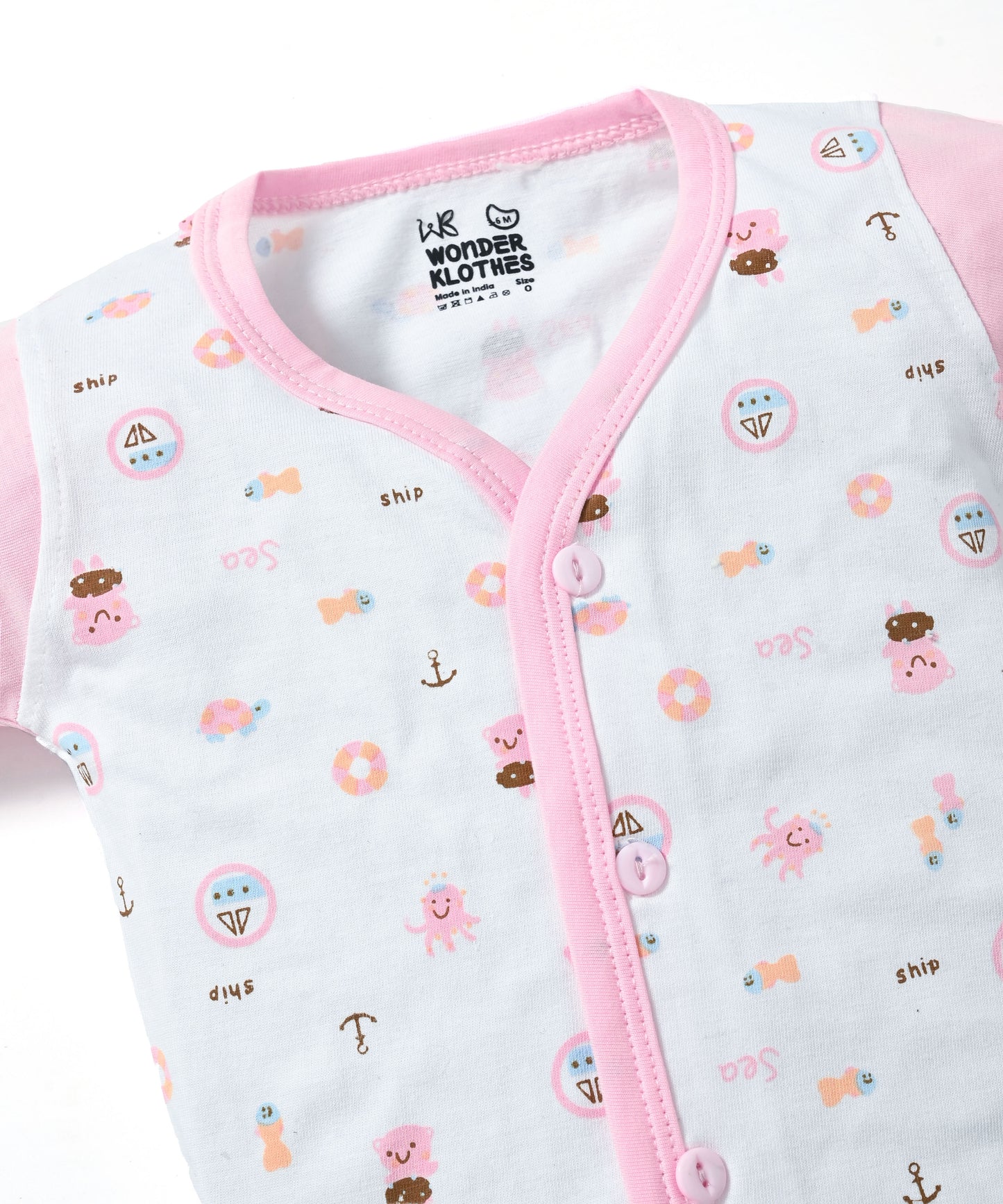 Sea Ship Full Sleeves Front Open T-Shirt & Pyjama Set with Bib | Pink