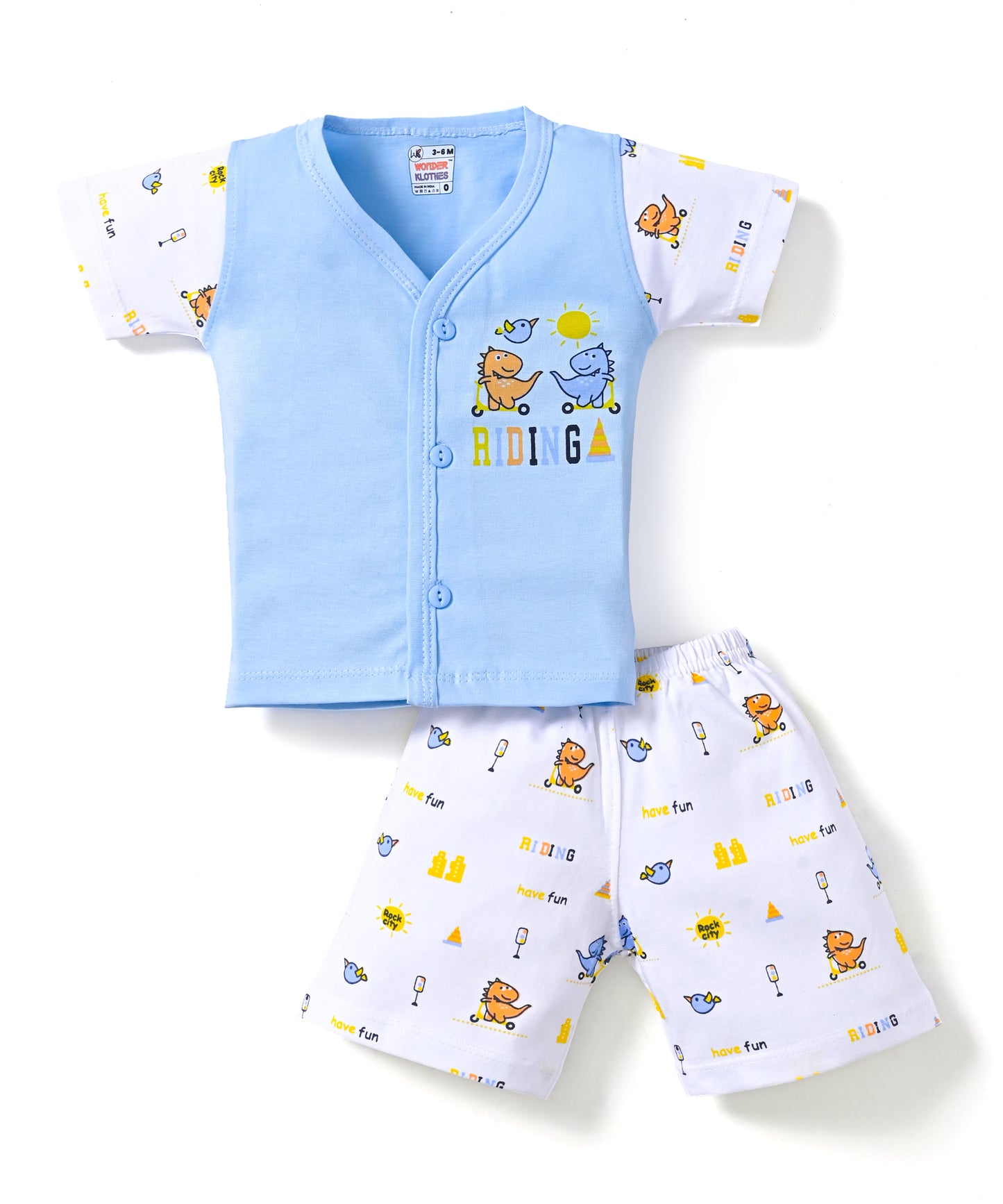 Dino Rides Half Sleeves & Sleeveless Front Open T-Shirt & Half Pant Set | Blue | Pack of 2