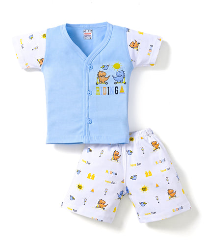 Dino Rides Half Sleeves & Sleeveless Front Open T-Shirt & Half Pant Set | Blue | Pack of 2