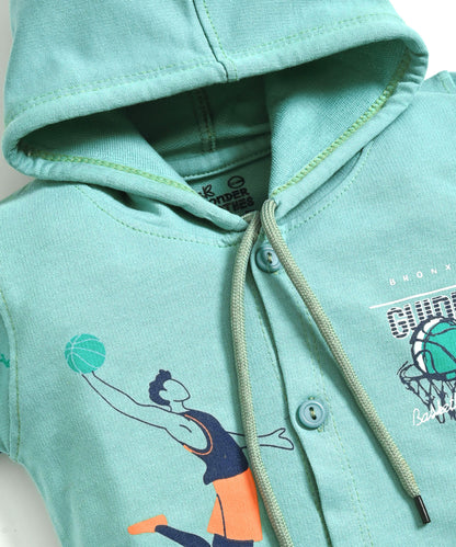 Basketball Full Sleeves Front Open Hooded Sweatshirt & Joggers Set | Green
