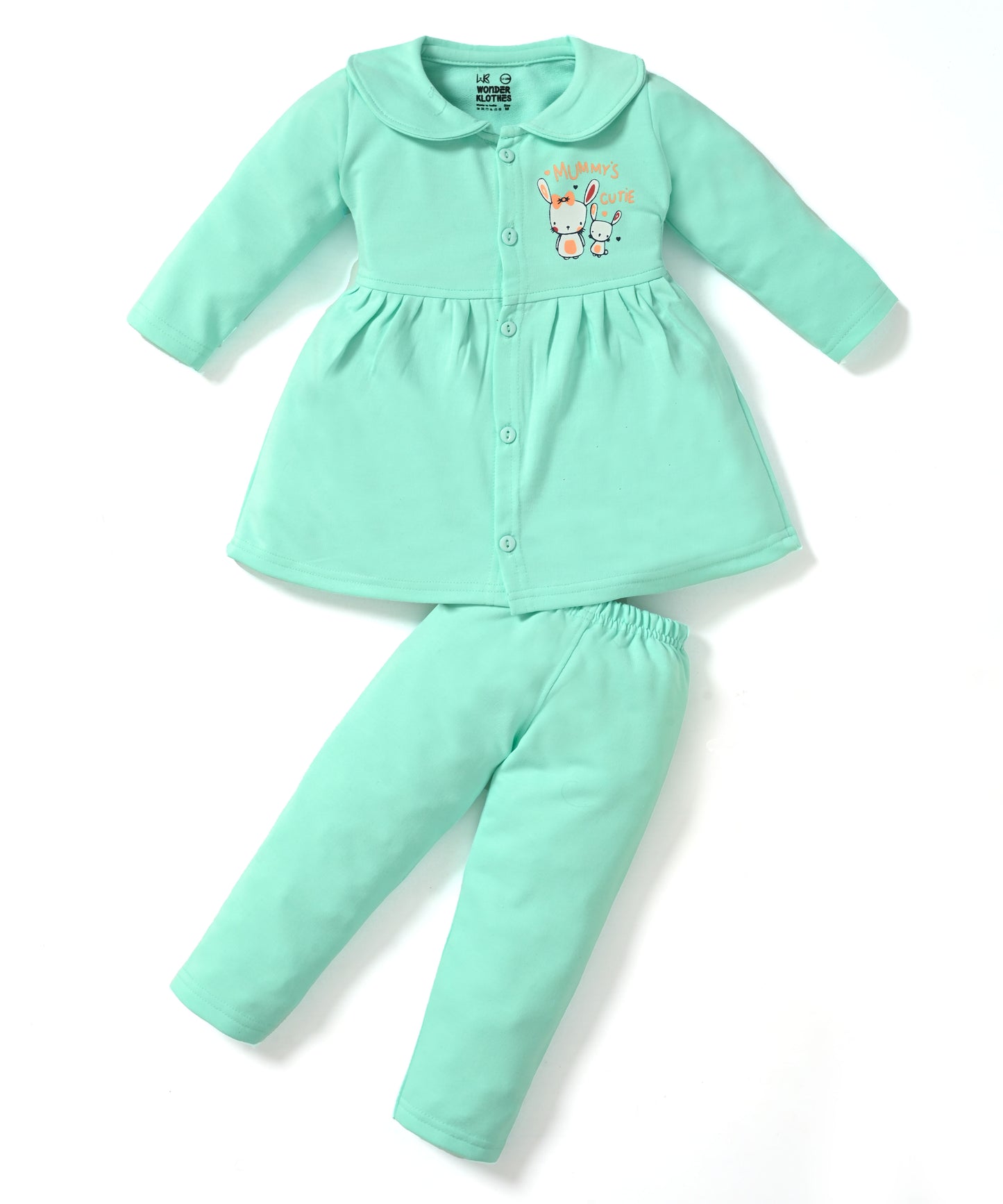 Mummy’s Cutie Full Sleeves Front Open Frock and Full Pant Set | Green