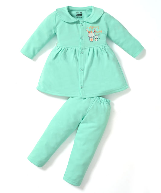 Mummy’s Cutie Full Sleeves Front Open Frock and Full Pant Set | Green