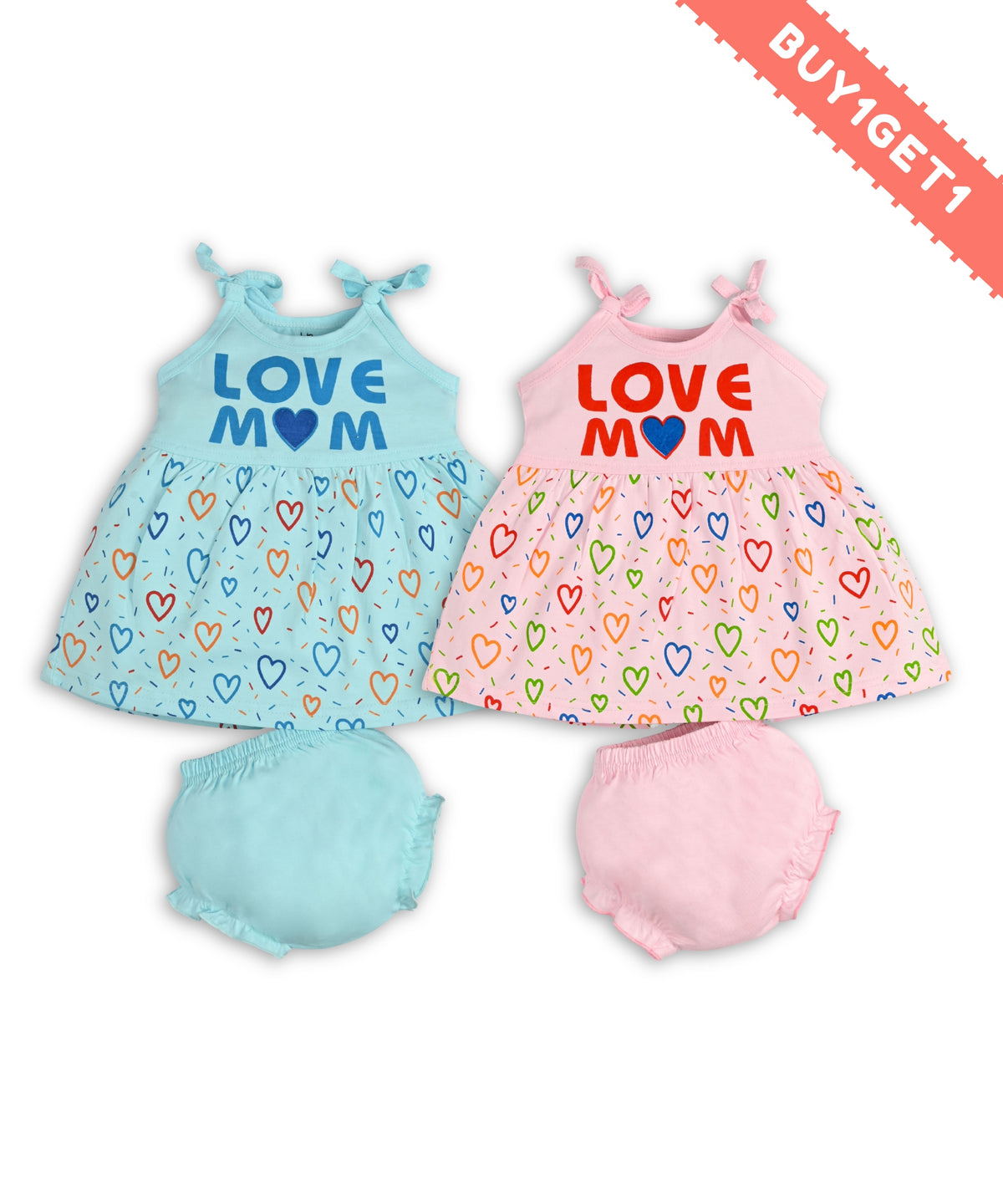 Love Mom Bandhani Straps Frock & Bloomer Pant Set | Pink & Blue | Pack of 2