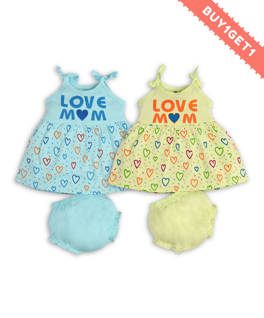 Love Mom Bandhani Straps Frock & Bloomer Pant Set | Green & Blue | Pack of 2