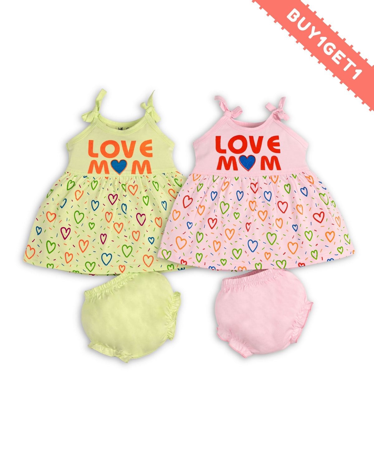 Love Mom Bandhani Straps Frock & Bloomer Pant Set | Green & Pink | Pack of 2