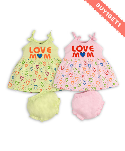 Love Mom Bandhani Straps Frock & Bloomer Pant Set | Green & Pink | Pack of 2