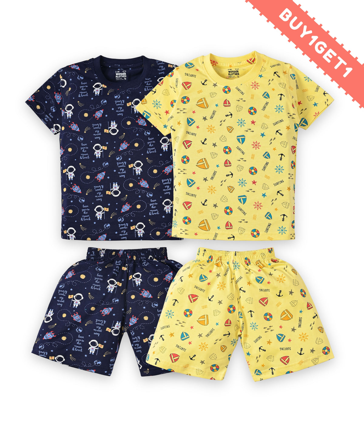 Surfing Beach and Moon Space Half Sleeves T-Shirt & Half Pant Set | Pack of 2