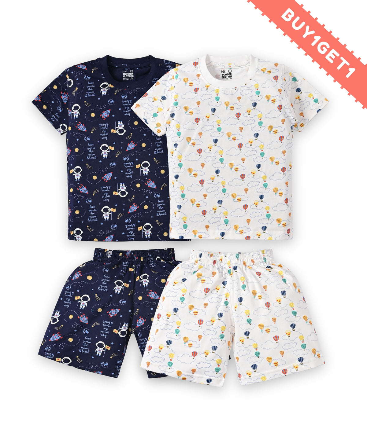 Moon Space and Hot Air Balloon Half Sleeves T-Shirt & Half Pant Set | Pack of 2