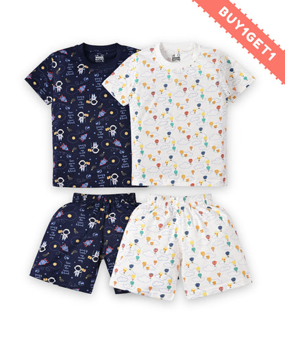 Moon Space and Hot Air Balloon Half Sleeves T-Shirt & Half Pant Set | Pack of 2