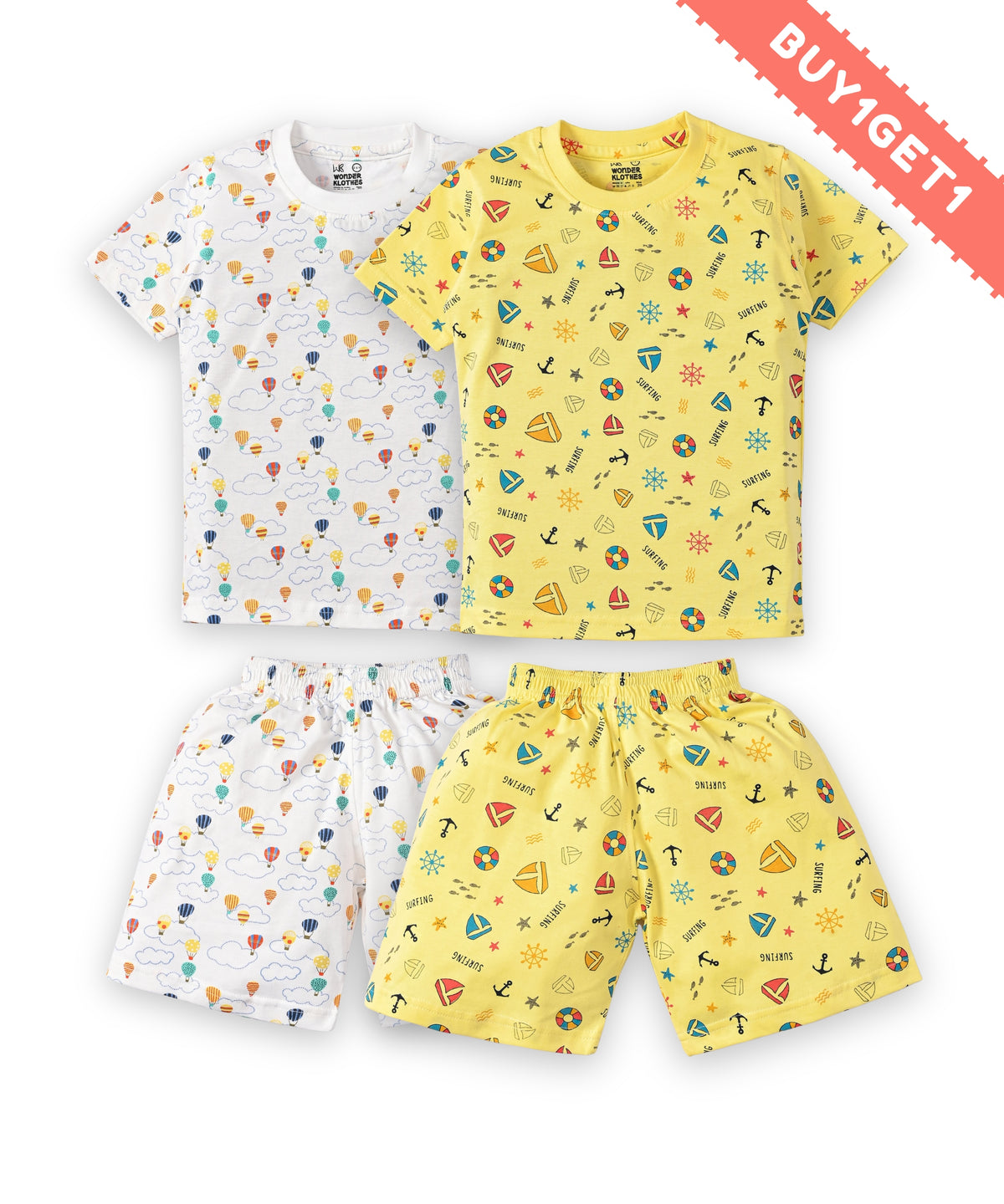 Hot Air Balloon and Surfing Beach Half Sleeves T-Shirt & Half Pant Set | Pack of 2