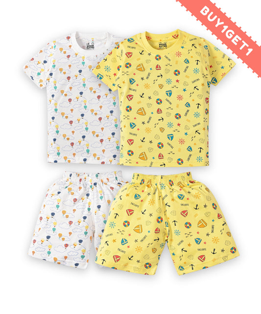 Hot Air Balloon and Surfing Beach Half Sleeves T-Shirt & Half Pant Set | Pack of 2