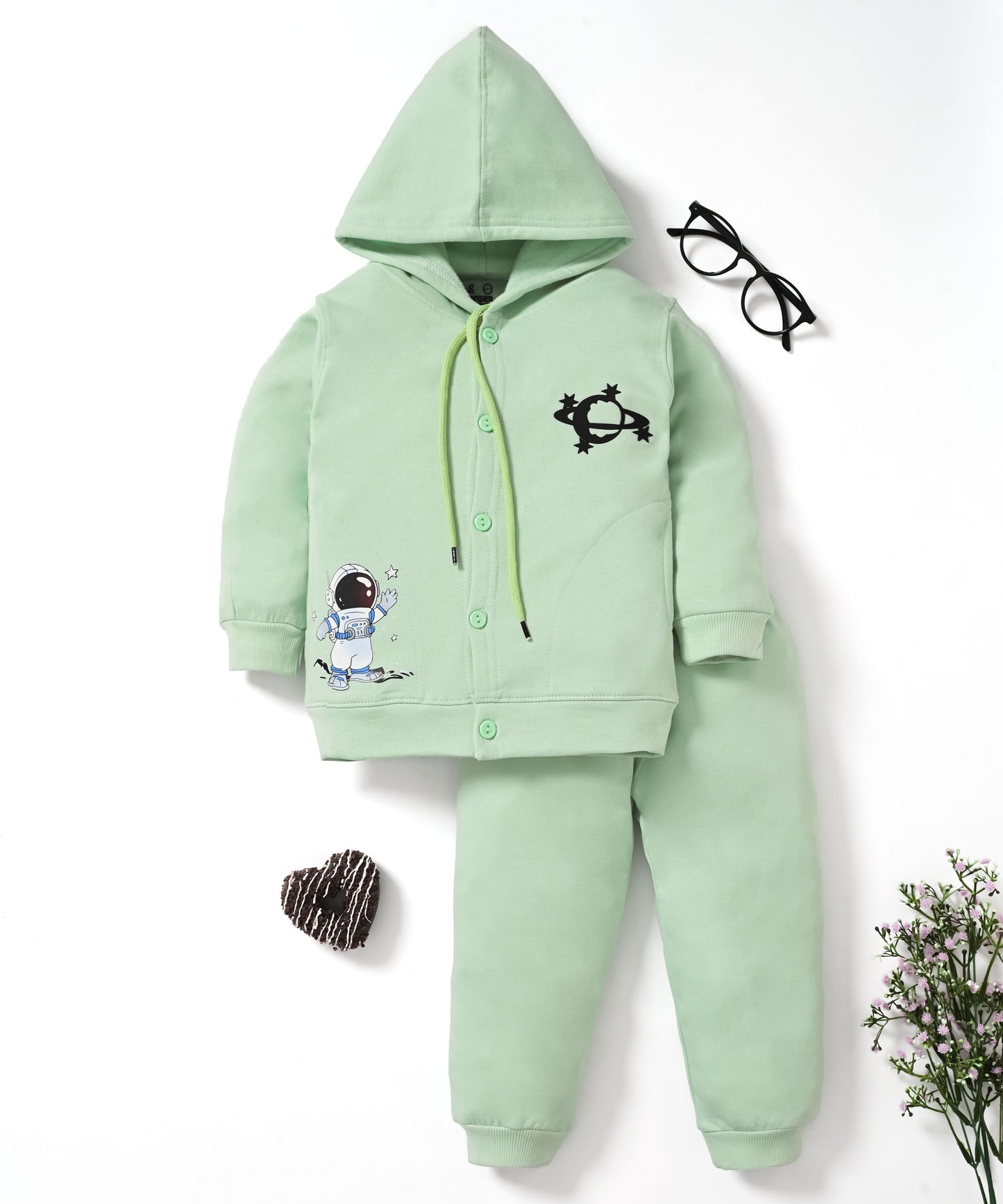 Little Astronaut Full Sleeves Fleece Front-Open Hooded Sweatshirt and Joggers Set | Green