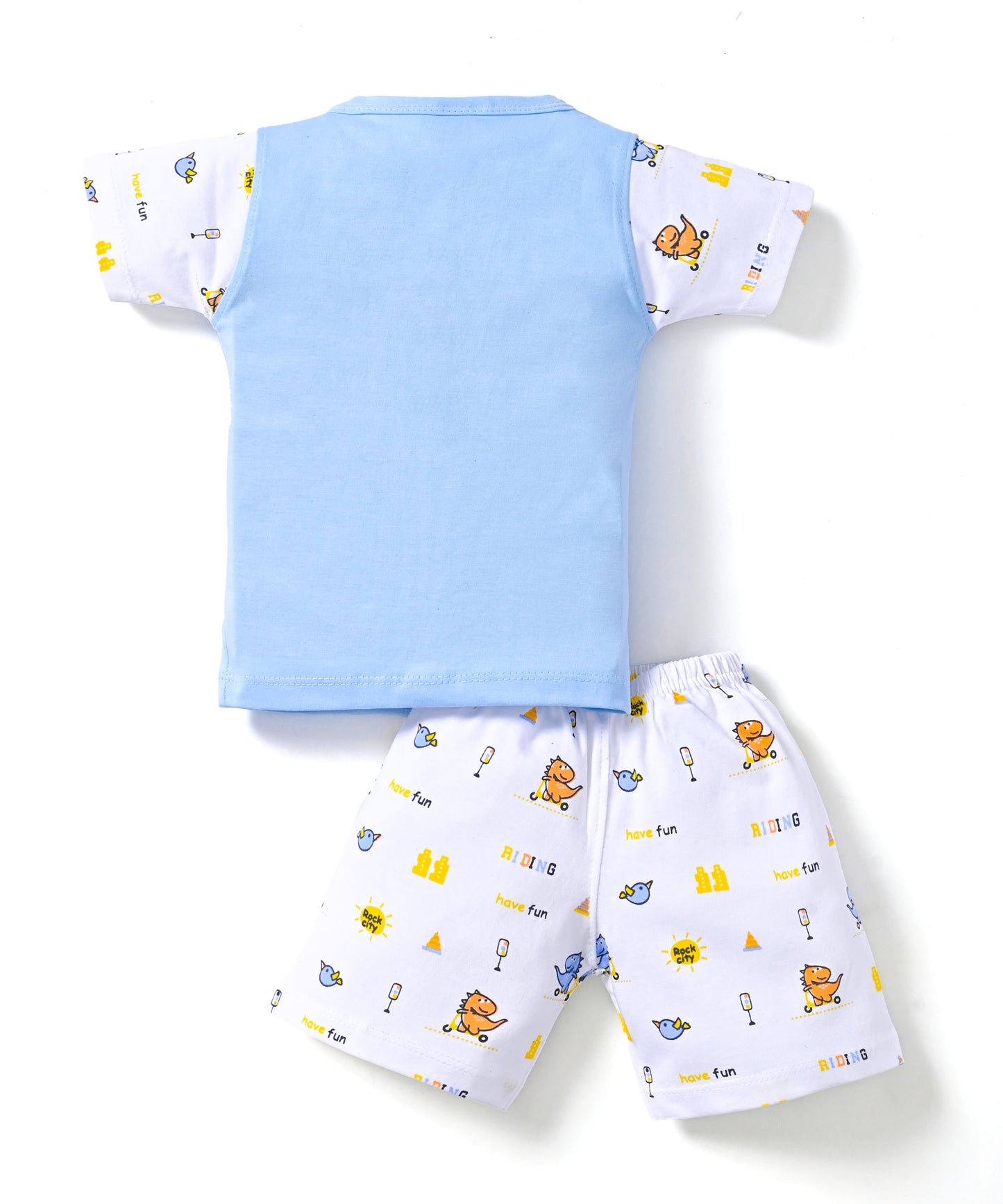 Dino Rides Half Sleeves & Sleeveless Front Open T-Shirt & Half Pant Set | Blue | Pack of 2