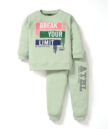 Break Your Limit Full Sleeves Fleece Sweatshirt and Joggers Set | Green