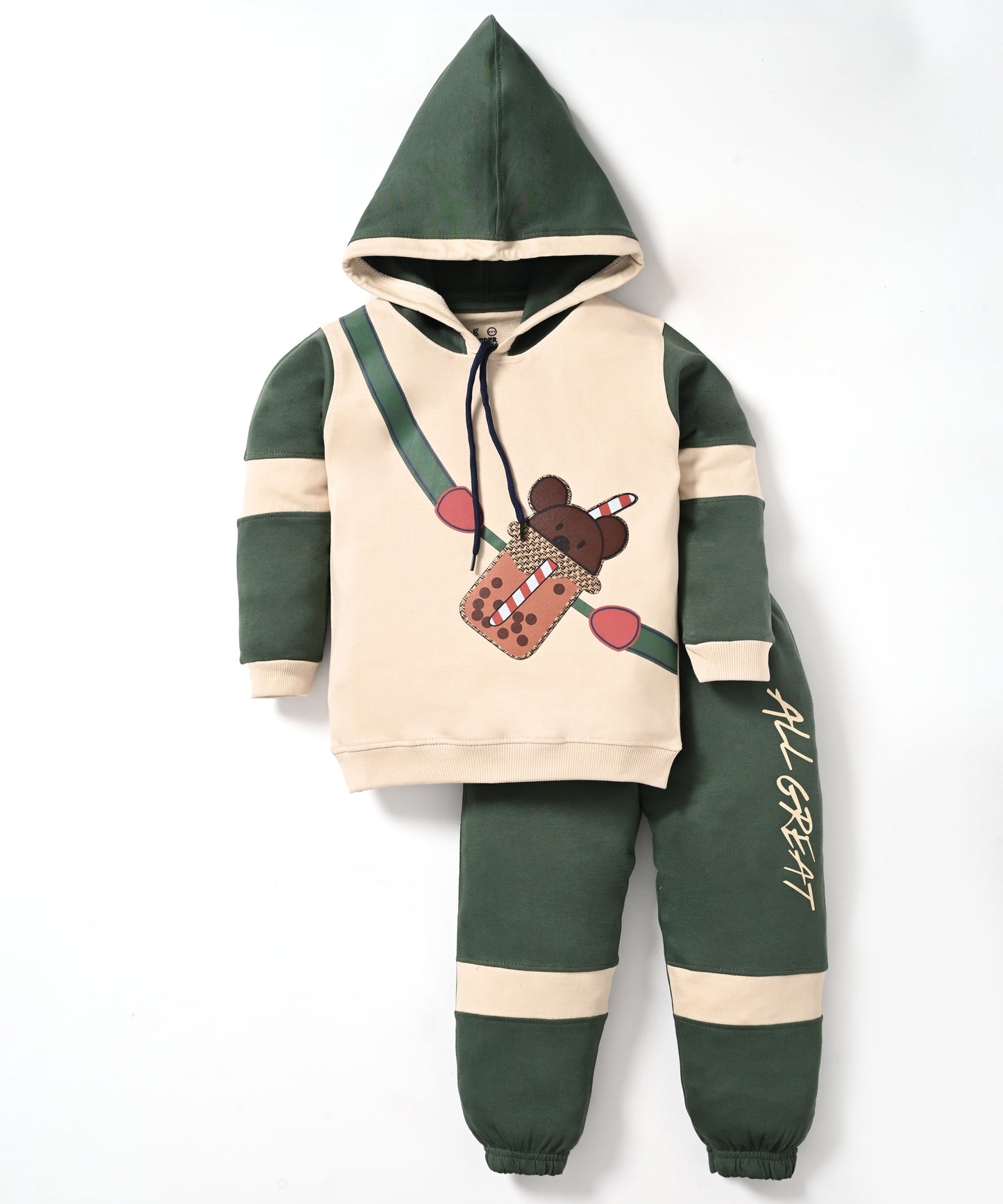 Boba Bear Full Sleeves Hooded Sweatshirt and Joggers Set | Green