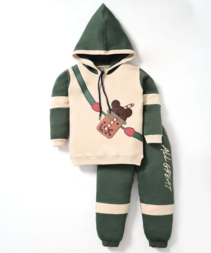Boba Bear Full Sleeves Hooded Sweatshirt and Joggers Set | Green