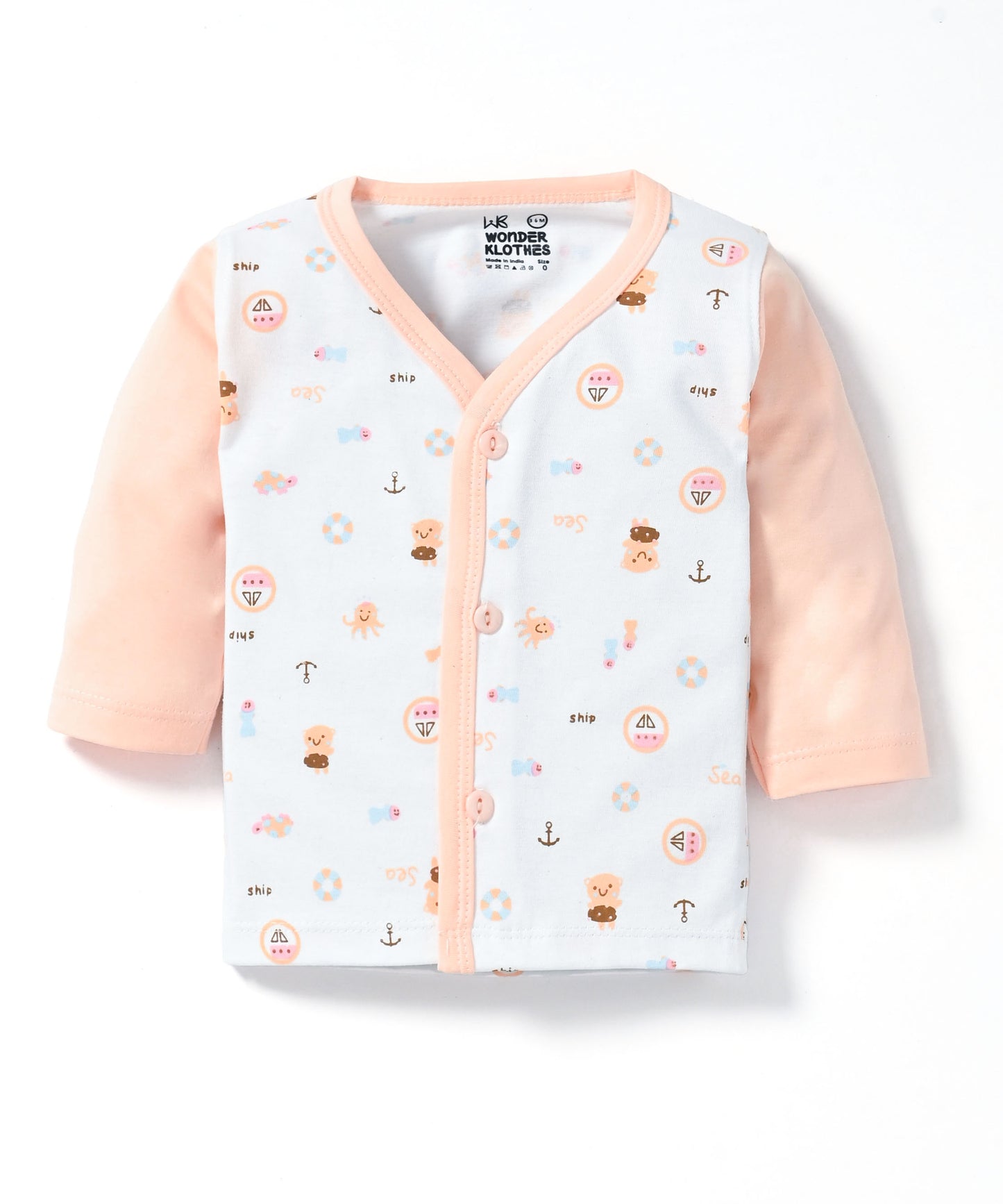 Sea Ship Full Sleeves Front Open T-Shirt & Pyjama Set with Bib | Orange