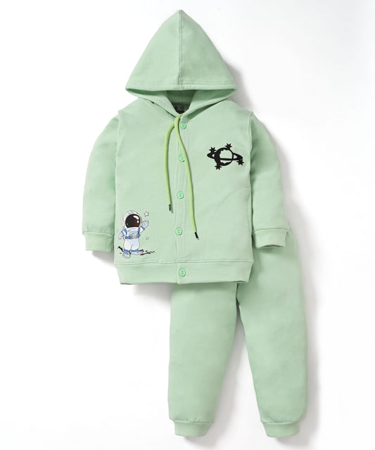 Little Astronaut Full Sleeves Fleece Front-Open Hooded Sweatshirt and Joggers Set | Green