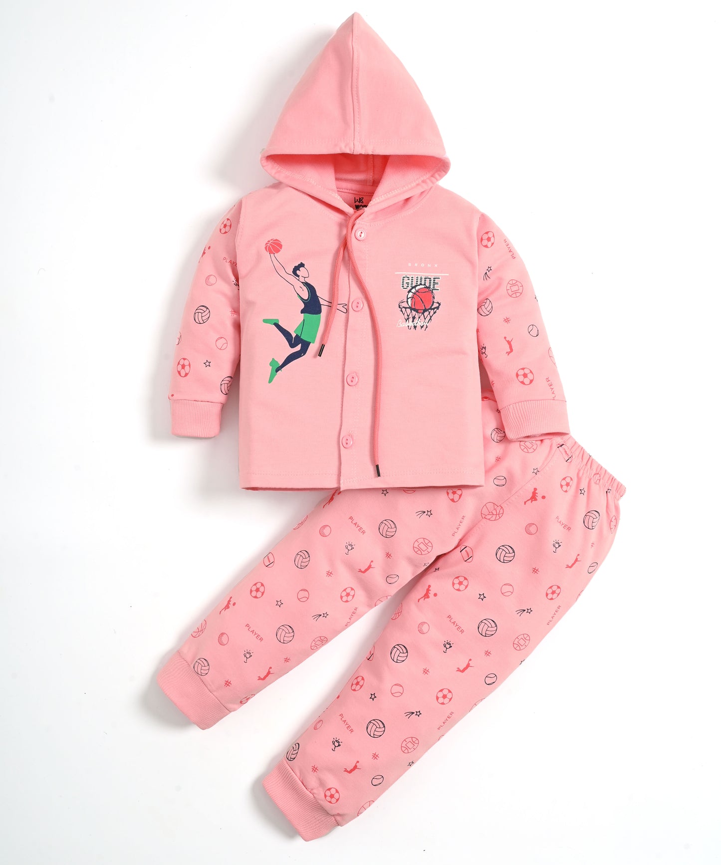 Basketball Full Sleeves Front Open Hooded Sweatshirt & Joggers Set | Pink