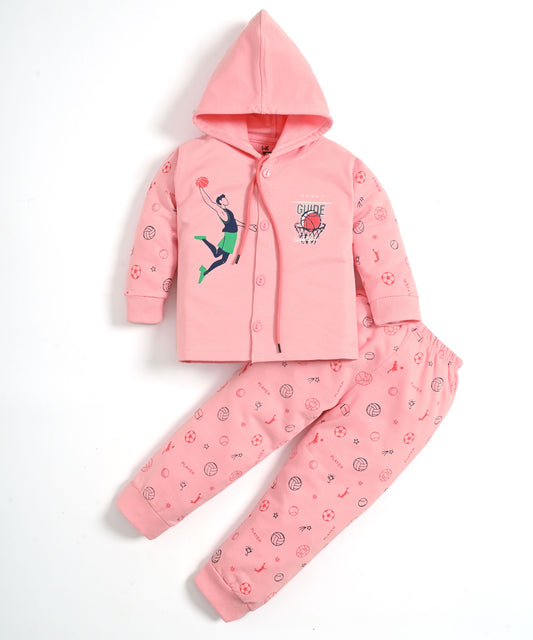 Basketball Full Sleeves Front Open Hooded Sweatshirt & Joggers Set | Pink