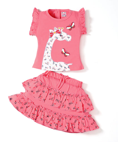 Giraffe Garden Short Sleeves Top & Skirt Set | Pink
