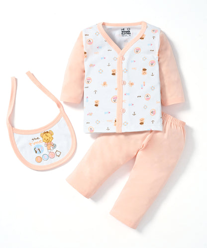 Sea Ship Full Sleeves Front Open T-Shirt & Pyjama Set with Bib | Orange