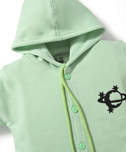 Little Astronaut Full Sleeves Fleece Front-Open Hooded Sweatshirt and Joggers Set | Green