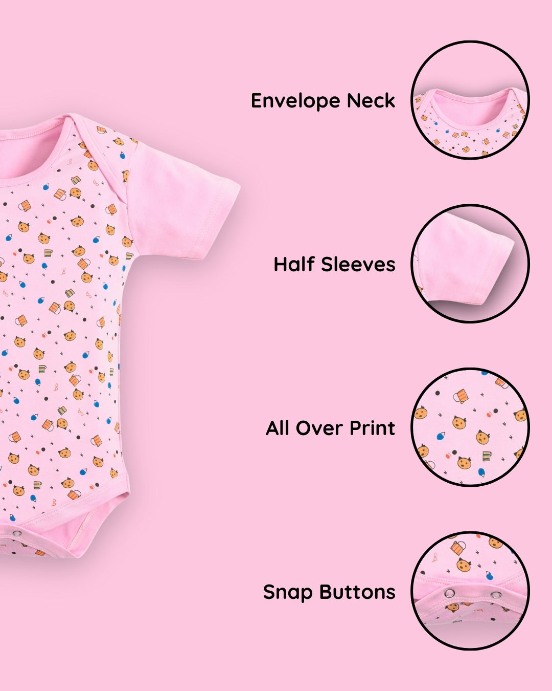 Kitten Envelope Half Sleeves Bodysuit Romper | Pink