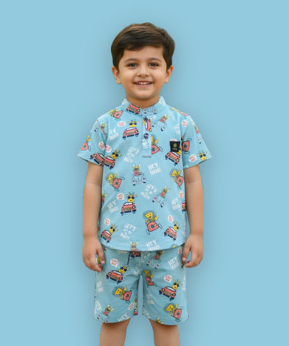 Animal Safari Half Sleeves T-Shirt & Shorts Set | Blue