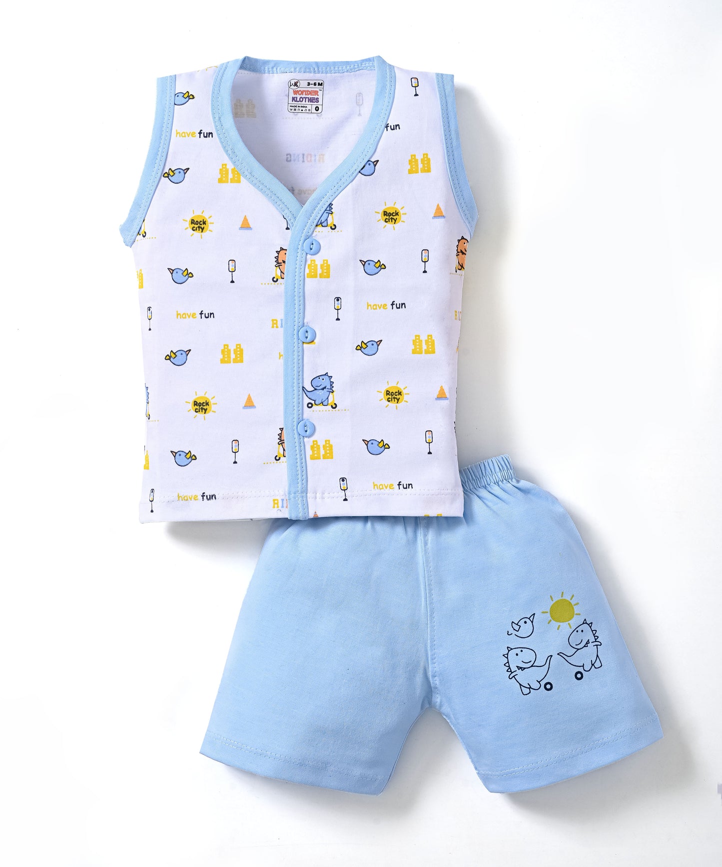 Dino Rides Half Sleeves & Sleeveless Front Open T-Shirt & Half Pant Set | Blue | Pack of 2