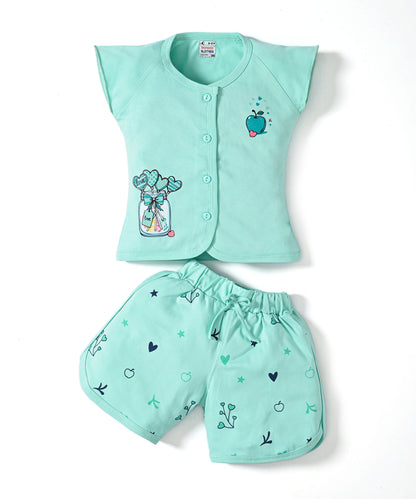 Apple Jar Raglan Short Sleeves Front Open Top & Hot Pant Set | Green