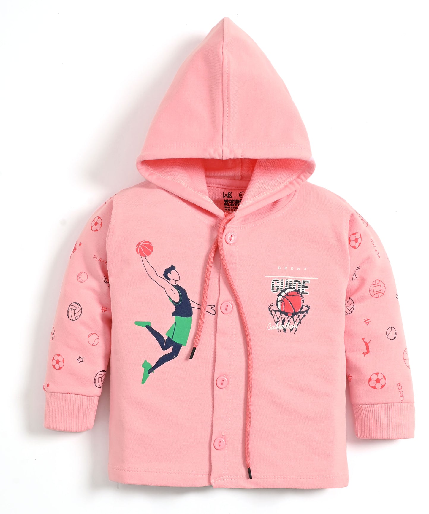 Basketball Full Sleeves Front Open Hooded Sweatshirt & Joggers Set | Pink