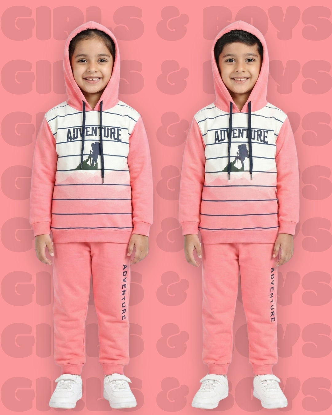 Adventure Full Sleeves Hooded Sweatshirt & Joggers Set | Pink