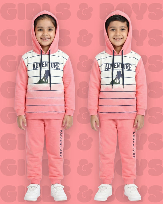 Adventure Full Sleeves Hooded Sweatshirt & Joggers Set | Pink