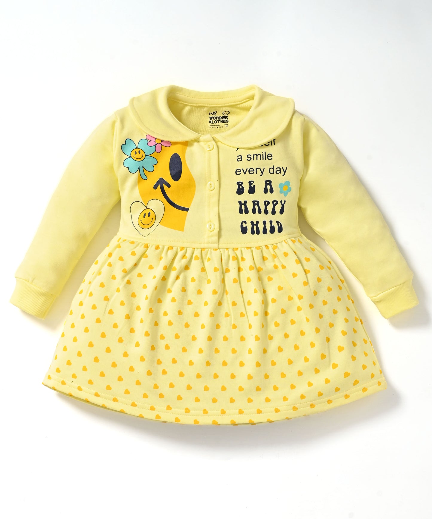 Smiley Child Full Sleeves Front Open Frock and Joggers Set | Yellow