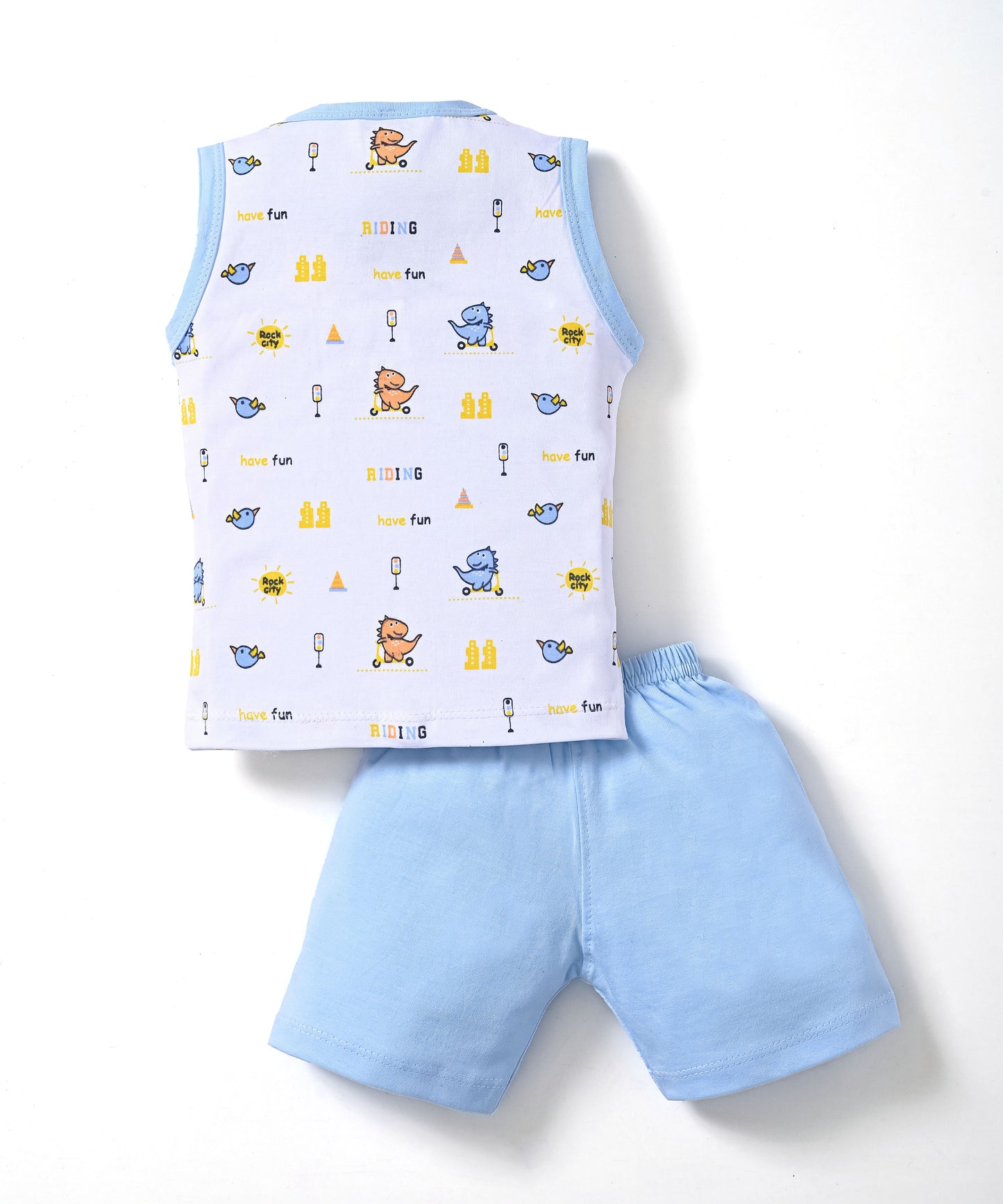 Dino Rides Half Sleeves & Sleeveless Front Open T-Shirt & Half Pant Set | Blue | Pack of 2