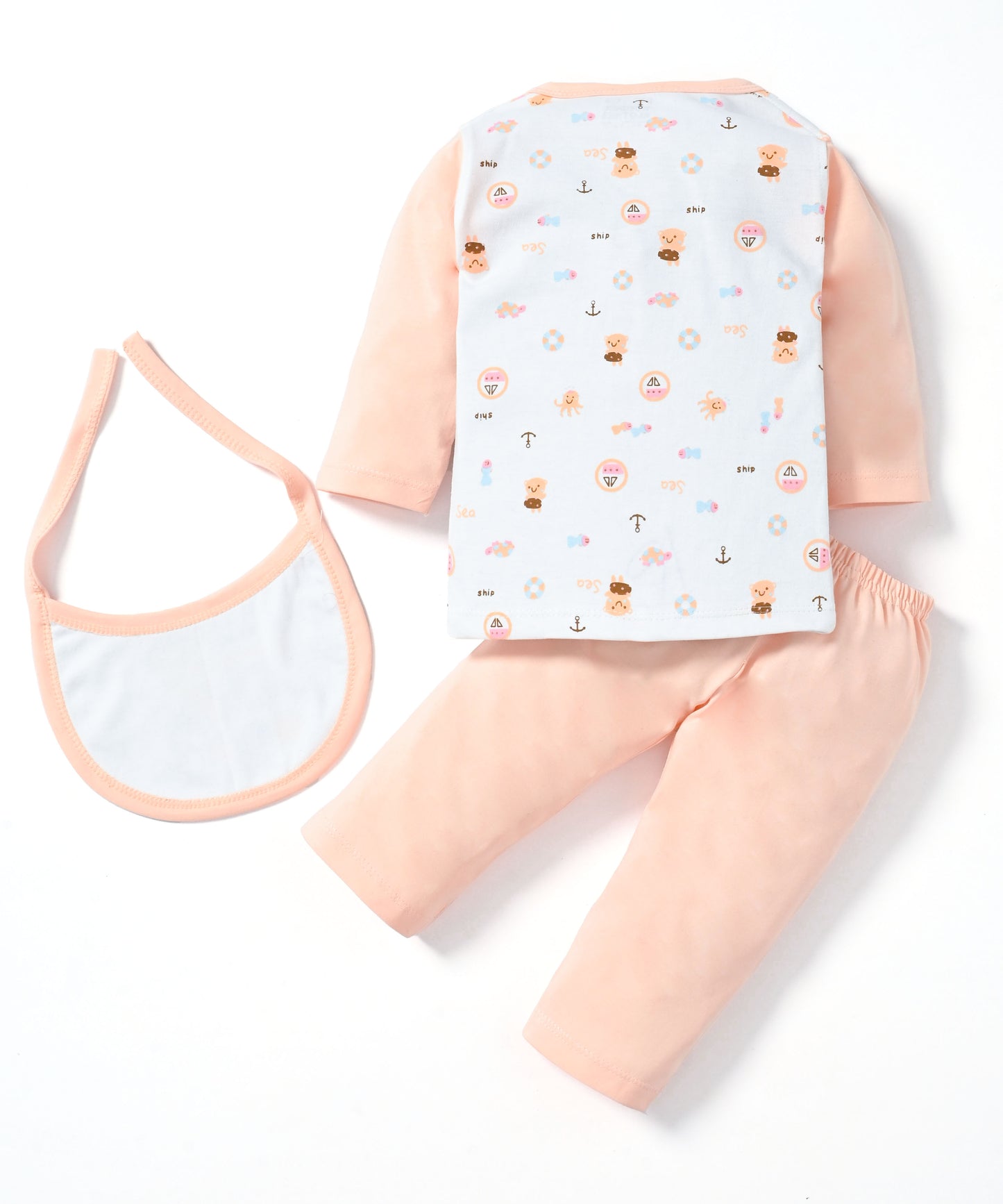Sea Ship Full Sleeves Front Open T-Shirt & Pyjama Set with Bib | Orange