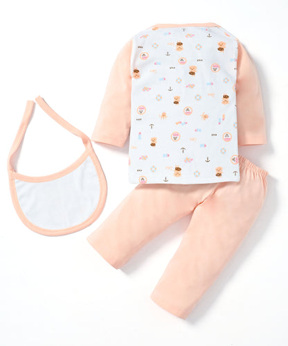 Sea Ship Full Sleeves Front Open T-Shirt & Pyjama Set with Bib | Orange
