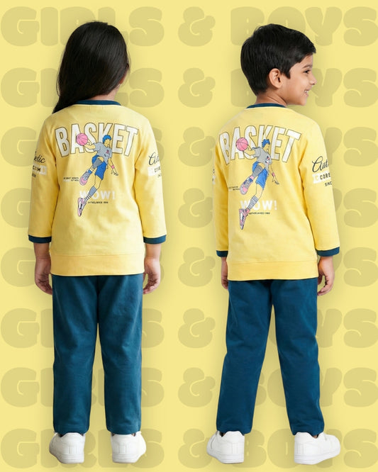 Sports Basket Full Sleeves Back Print T-Shirt and Pyjama Set | Yellow