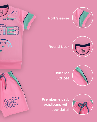Faster Half Sleeves T-Shirt & Shorts Set | Pink