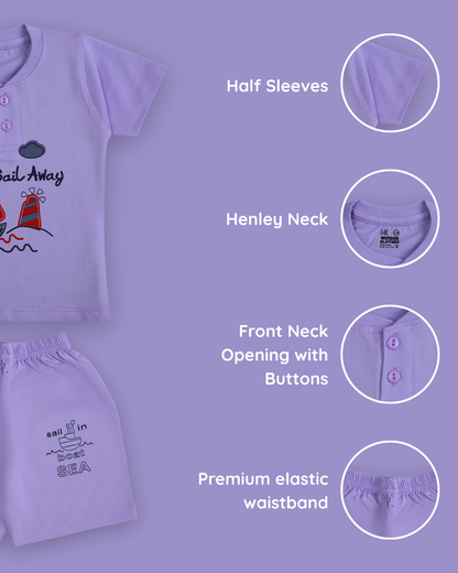 Sail Away Half Sleeves T-Shirt & Half Pant Set | Violet