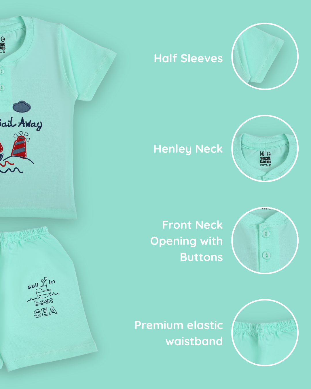 Sail Away Half Sleeves T-Shirt & Half Pant Set | Green